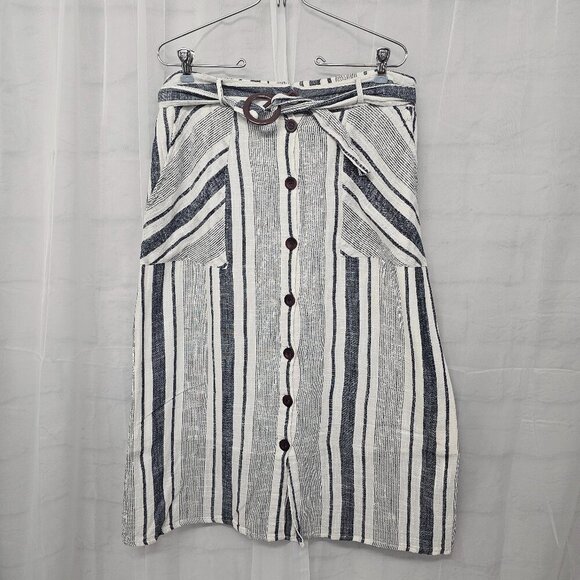 Mlle Gabrielle Blue Off White Striped Peasant Skirt Boho Beach Gauzy Belted L - Picture 1 of 10
